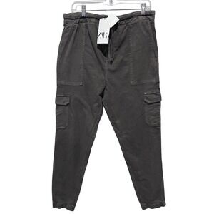 ZARA High Waist Cargo Jogger Pants Drawstring Waist‎ Olive Green Size XL NWT